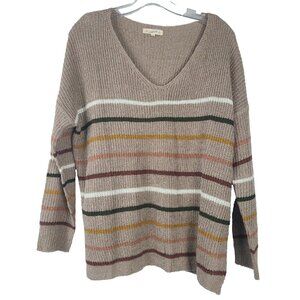 Magnolia Womens Sweater Small Beige Striped V Neck Long Sleeve Pullover BOHO